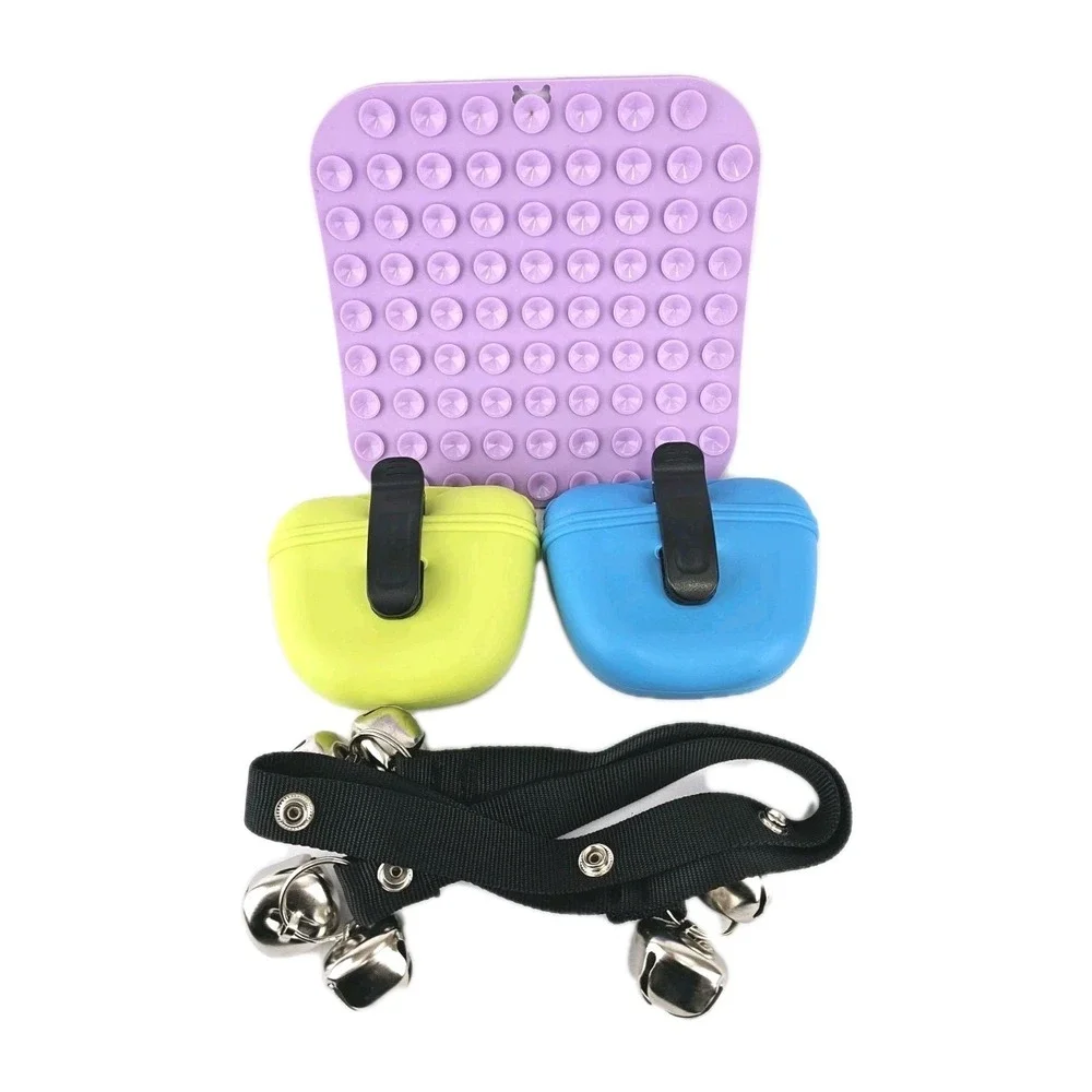 Pet Set of 4 Silicone Dog Treat Pouch Door Training Bells Food Toy Suction Cups
